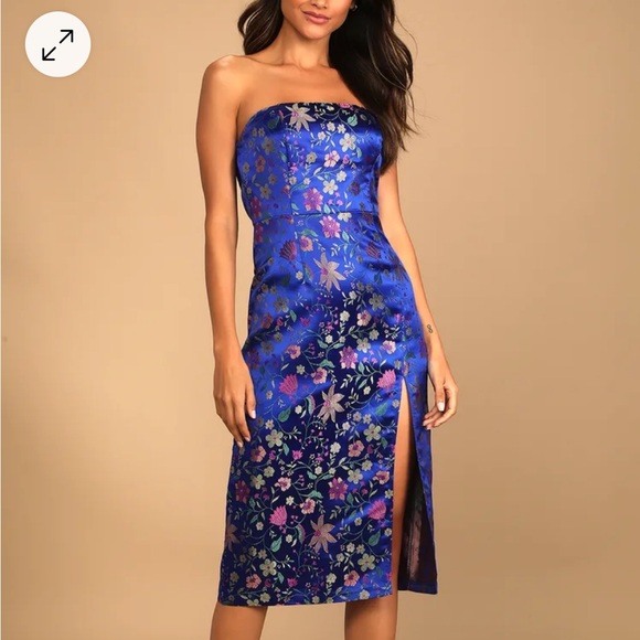 COPY - Lulus Make a Move Blue Floral Satin Jacquard Strapless Midi Dress - Picture 1 of 3